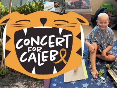 Caleb O'Brien is sitting in the picture and Concert4Caleb logo shows a smiling animated tiger with the text, "Concert For Caleb", written inside it's mouth.